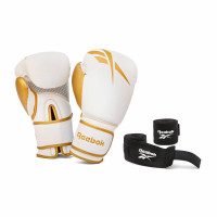 Reebok Box-Set, Boxhandschuhe 12oz Gold/Weiß & Handgelenkbandagen