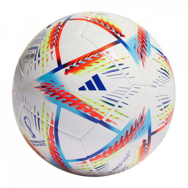 Trainingsvariante des al rihla Fußball von Adidas zur WM 2022 in weiß mit farbigem Muster.